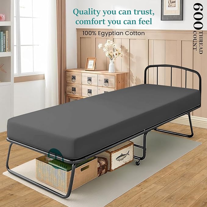 Cot Fitted Sheet 25 x 75 Inches 4" Deep Pocket 100% Egyptian Cotton 600 Thread Count Snug Fit for Trifold Mattress, Narrow Twin, Camp Bunk, Guest Bed, Army Cot Soft & Breathable – Dark Grey