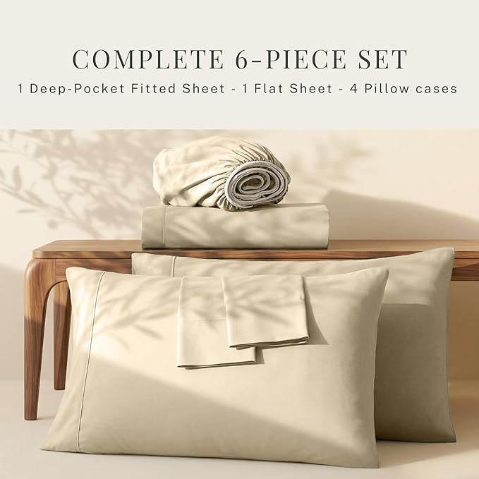 Hearth & Harbor Bed Linen Set - Queen Size, 6 Piece, Extra Deep Pocket, Cream, Microfiber