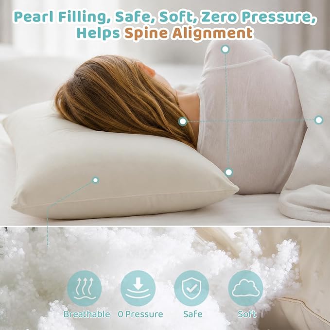 20x26 Organic Pillow with 100% Organic Cotton Pillowcase and Shell - Soft Non Toxic and Breathable Pearl Filling, CPSC Certified and Oeko-TEX, Adjustable Loft Organic Pillow, Machine Washable