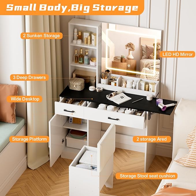 KAMABOKO Vanity Desk with Mirror, LED Lights and Power Outlet, Makeup Vanity Table with Cabinet and 2 Drawers, Dressing Table with Stools for Bedroom (Black)