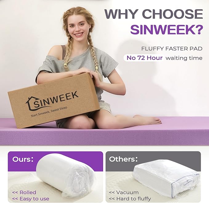 SINWEEK Dual Layer 5 Inch Memory Foam Mattress Topper Queen Size, 2 Inch Gel Memory Foam Plus 3 Inch 1450 GSM Down Alternative Quilted Pillow Top Mattress Pad Cover, White