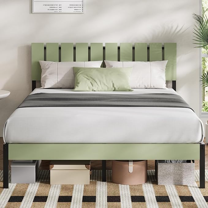 Novilla Queen Bed Frame with Modern Wooden Slatted Headboard, Easy Assembly, Heavy Duty Metal Platform, Noise-Free, Under-Bed Storage, No Box Spring Needed