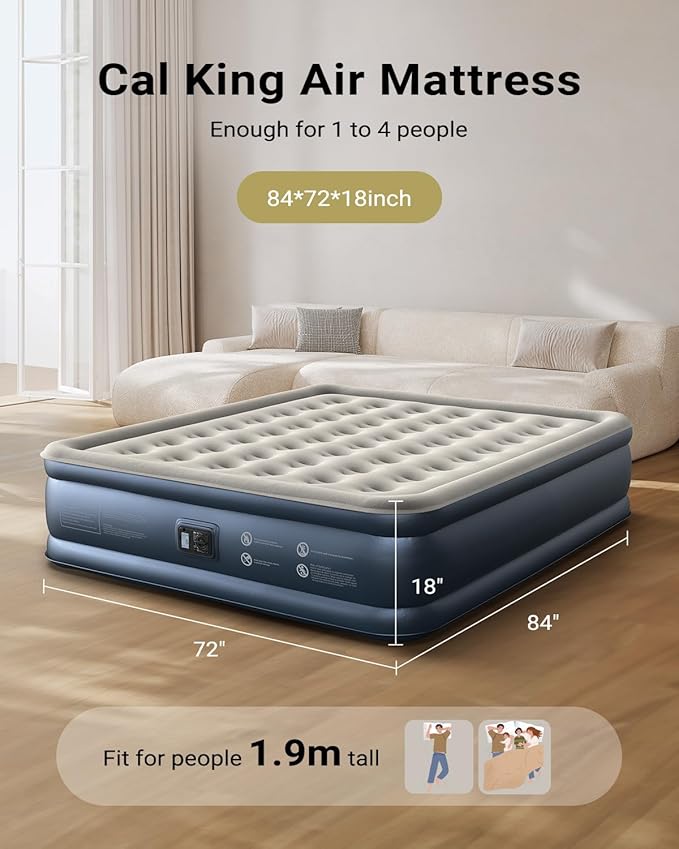 iDOO Cal King Air Mattress with Built in Pump, 18'' King Size Air Mattress for Home Guest, Upgraded Comfort Inflatable Blow up Mattress, 84'' Extra Long, Keep Feet from Dangling, Colchon Inflables