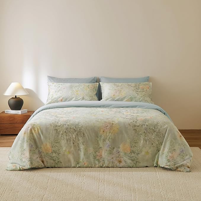 VM VOUGEMARKET French Country Sage Green Duvet Cover Set Queen,Watercolor Floral Print Long Staple Cotton Bedding Set,Shabby Chic Botanical Duvet Cover for Spring & Summer