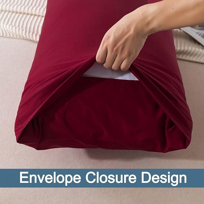 WhatsBedding Body Pillow Cover Cotton Fabric, Long Pillowcase Breathable & Skin-Friendly, Envelope Closure - Burgundy Red (20x54 inch)