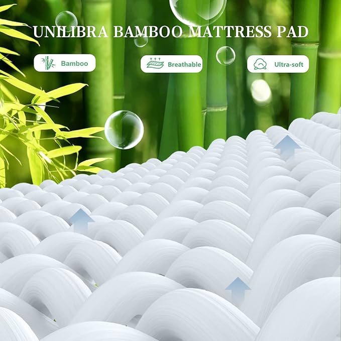UNILIBRA Twin XL Size Mattress Pad Cooling Rayon from Bamboo, Quilted Fitted Mattress Protector Pillow Top Mattress Cover with Deep Pocket Up to 19 Inches, Ultra Soft Filling Mattress Topper