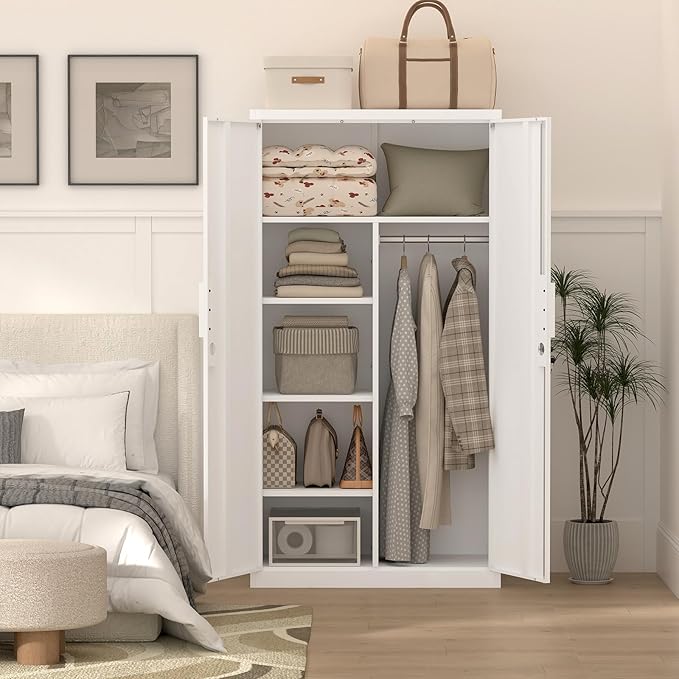 IRONFFICE Metal Wardrobe Closet,Lockable Clothing Storage Cabinet with Adjustable Shelves,Armoire Wardrobe Closet,Steel Wardrobe Armoire for Bedroom,Home,White
