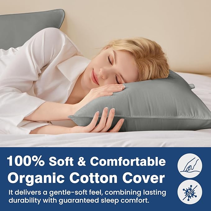 Goose Down Pillows King Size Set of 2, Hotel Quality Bed Pillow for Sleeping 2 Pack, 900 Fill Power Natural White Goose Feather Pillows with 700 TC 100% Organic Cotton Shell, 18"x36" Dark Grey