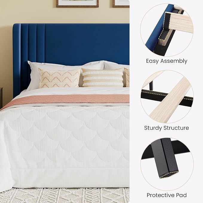 SHA CERLIN King Size Velvet Upholstered Platform Bed Frame with Vertical Channel Tufted Wingback Headboard, Wooden Slats Support, Easy Assembly, Under Bed Storage, No Box Spring Required, Blue