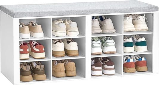 Hzuaneri Shoe Bench with Cushion, Entryway Storage Bench with 12 Cubbies, Cubby Shoe Rack with Adjustable Shelves, Shoe Organizer Cabinet for Living Room, Bedroom, Entryway, White SB19003GY