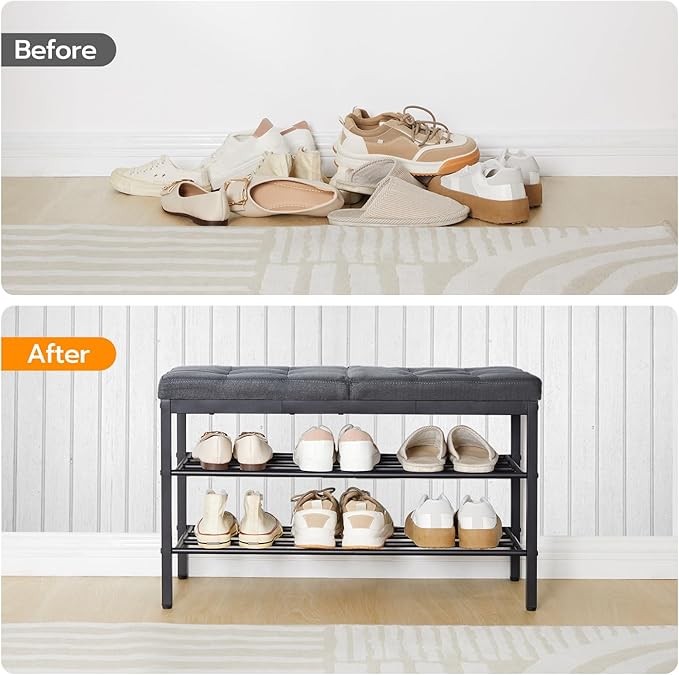 HOOBRO Shoe Bench, Storage Bench with Cushion, Entryway Bench Shoe Shelf with Seat, 12 x 29.5 x 18.1 Inches, Shoe Rack for Living Room, Bedroom, Hallway, Dark Gray BGZ95HX01