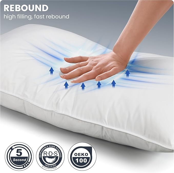 White Goose Down Pillow, Feather and Down Hotel Pillows with 100% Cotton Shell for Side and Back Sleepers, Soft Down Pillows for Neck Support, All Season Bed Pillow