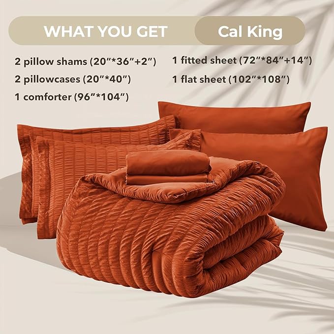 HYMOKEGE Burnt Orange California King Comforter Set Seersucker 7 Pieces, All Season Luxury Bed in a Bag for Bedroom, Bedding Set with Comforters, Sheets, Pillowcases & Shams