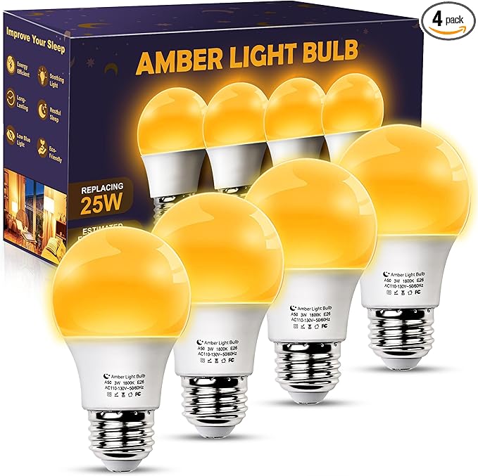Amber Sleep Light Bulbs, Blue Light Blocking, A15 3W(25 Watt Equivalent) Dim Light Bulbs for Lamp, 1800K Warm Light Bulb, E26 for Healthy Sleep, Bedroom, Kids Room, 4 Pack