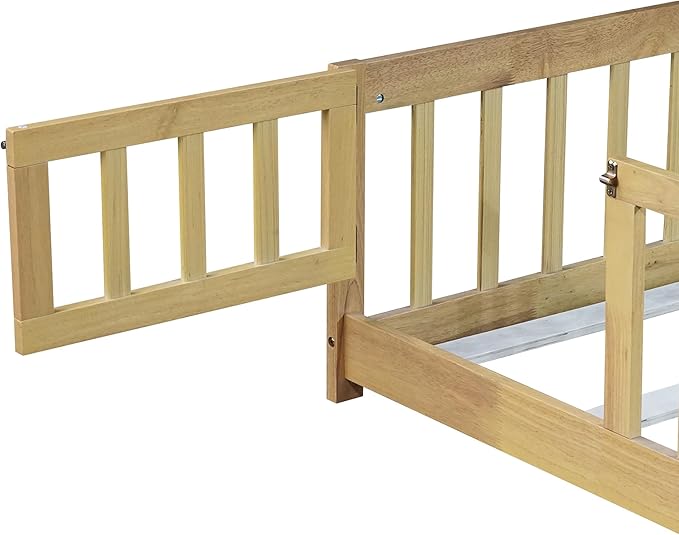 Bellemave Full Size Montessori Floor Bed Frame with Rails & Door, Solid Wood Kids Floor Bed Full with Removable Slats, Low Profile Montessori Bed for Children’s Sleep & Play, Natural