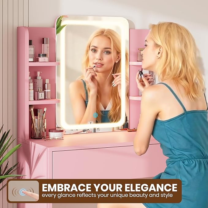 Vanity Desk with Mirror and Lights, Small Makeup Vanity Desk with Storage Drawer,3 Lighting Moders & Adjustable Brightness,Compact Dressing Table with 3-Tier Open Shelf for Girls Women Bedroom(Pink)