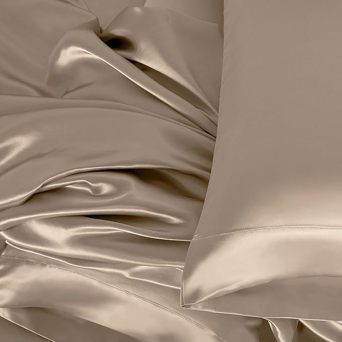 Homiest 4pcs Satin Sheets Set Luxury Silky Satin Bedding Set with Deep Pocket, 1 Fitted Sheet + 1 Flat Sheet + 2 Pillowcases (Cal King Size, Taupe)