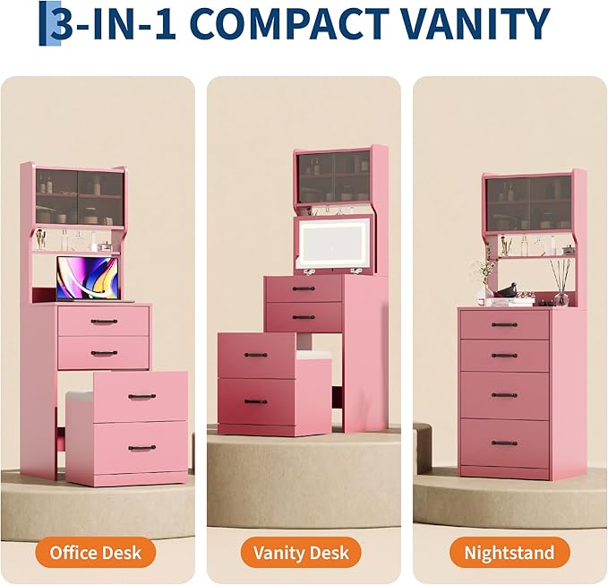 Garvee 3 in 1 Vanity Desk with 3 Color LED, Compact Makeup Vanity Set with 2 AC Outlets & USB, Dressing Table with Drawers & Acrylic Doors, Nightstand Vanity Mirror, Jewelry Box, Hidden Chair, Pink
