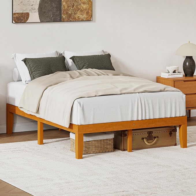 DUMOS 14 Inches Full Size Wood Platform Bed Frame, Solid Wooden Mattress Foundation with Heavy Duty Wood Slat Support, Sturdy, No Box Spring Needed, Natural Pine