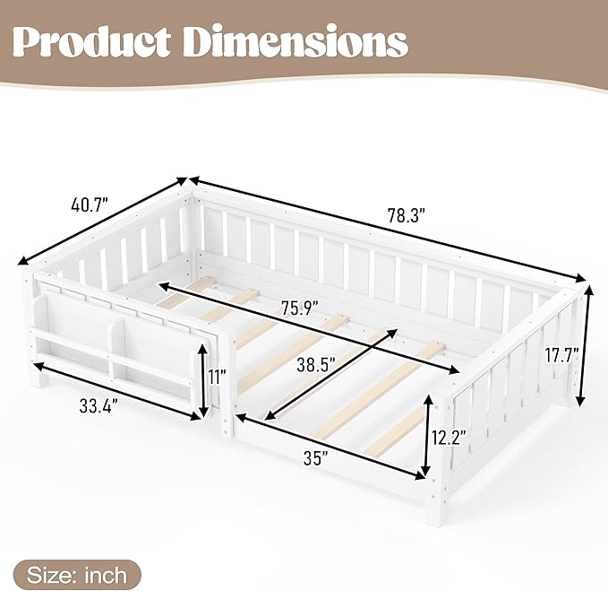 Bellemave Twin Floor Bed Frame with Fence & Bookshelf, Solid Pine Wood Twin Montessori Floor Bed with Slats Load 300LBS, Low Profile Floor Bed for Kids, Bedroom, Nursery, Easy Assembly, White