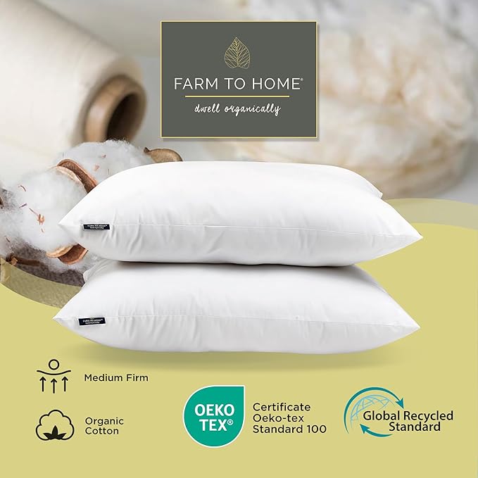 Farm To Home 100% Organic Cotton Cover Pillows King Size Set of 2, Down Alternative Hotel Quality Soft Bed Pillow for Back & Side Sleepers, Machine Washable, 20"x36", White