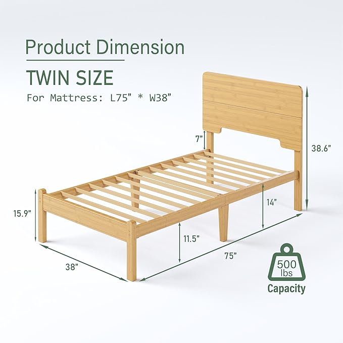 BOSRII 14in High Solid Bamboo Wood Platform Twin Size Bed Frame with Headboard, Reinforced Heavy Duty Metal Slats, Noise Free, No Box Spring Needed, Easy Assembly