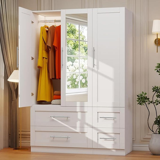 Wardrobe Closet with 4 Deep Drawers, Wooden Wardrobe Closet with Doors and Mirror, White Bedroom Armoires Wardrobe Cabinet Closet with Hanging Rod & Shelves, 71" Tall