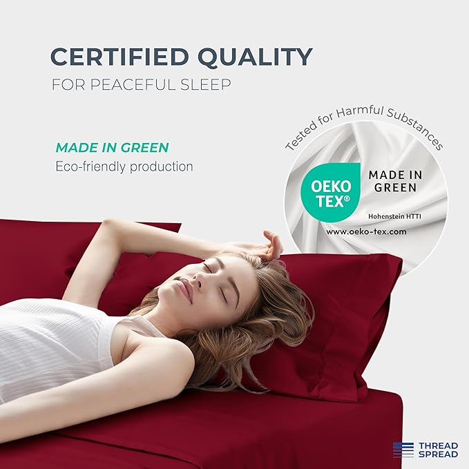 THREAD SPREAD 100% Egyptian Cotton King Size Sheets Set - Luxury 1500 Series Egyptian Cotton Sheets King Size (4 PC, Burgundy), Silky Soft, Sateen Weave, Cooling & Breathable, 17" Deep Pocket Bed Set