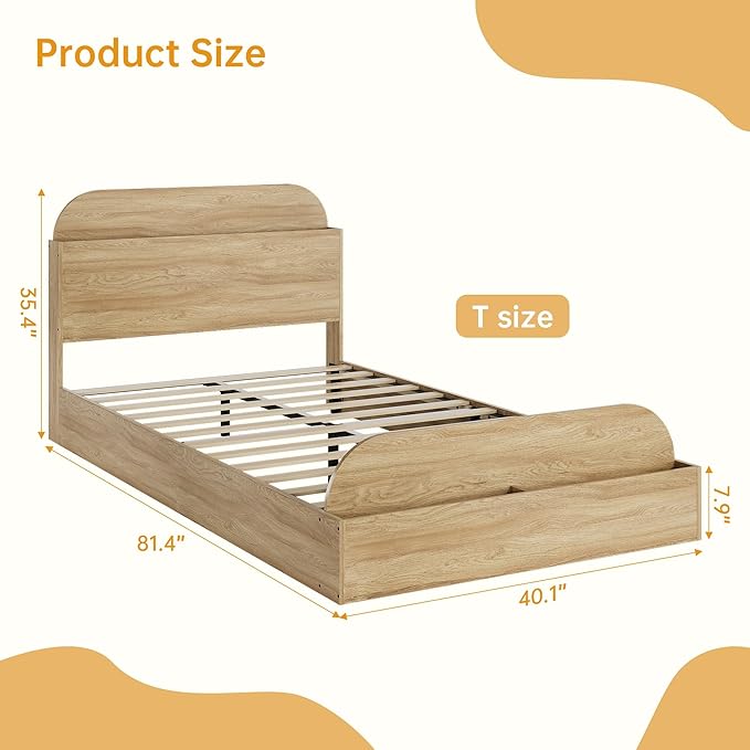 Garvee Twin XL Size Bed Frame with Storage Headboard and Raised Footboard – Wooden Twin-Floor Low Platform Bed for Kids, Heavy Duty & Noise Free, No Box Spring Needed, Natural Wood