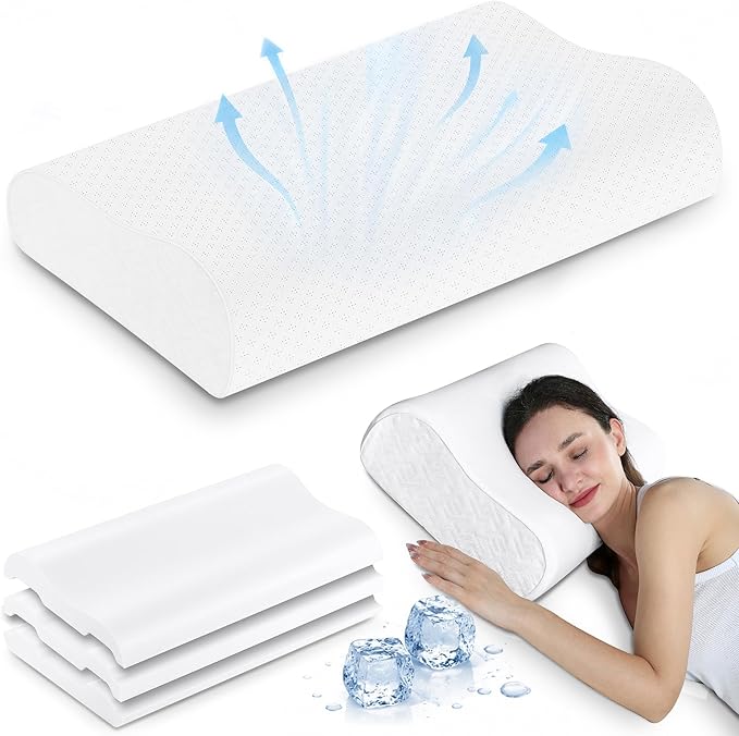 Elviros Memory Foam Pillows for Neck Pain Relief, Adjustable Height Cooling Bed Pillow for Sleeping, Ergonomic Orthopedic Cervical Neck Pillow for Side and Back Sleepers, Queen Size, 23.6"×14"×5.3"