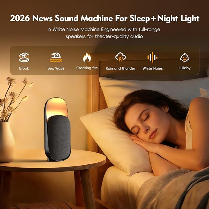 Sound Machine Night Light White Noise Machine with BT Speaker,6 Soothing Sounds,White Noise Sound Machine with Convenient Timer Options,for Baby Kids Adult Home Office Travel