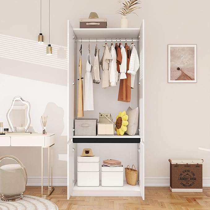 White Armoire Wardrobe Closet: 74" Wooden Wardrobe Closet with 2 Doors, Bedroom Armoires with Hanging Rod, Tall Closets Cabinet for Hanging Clothes (31.5")