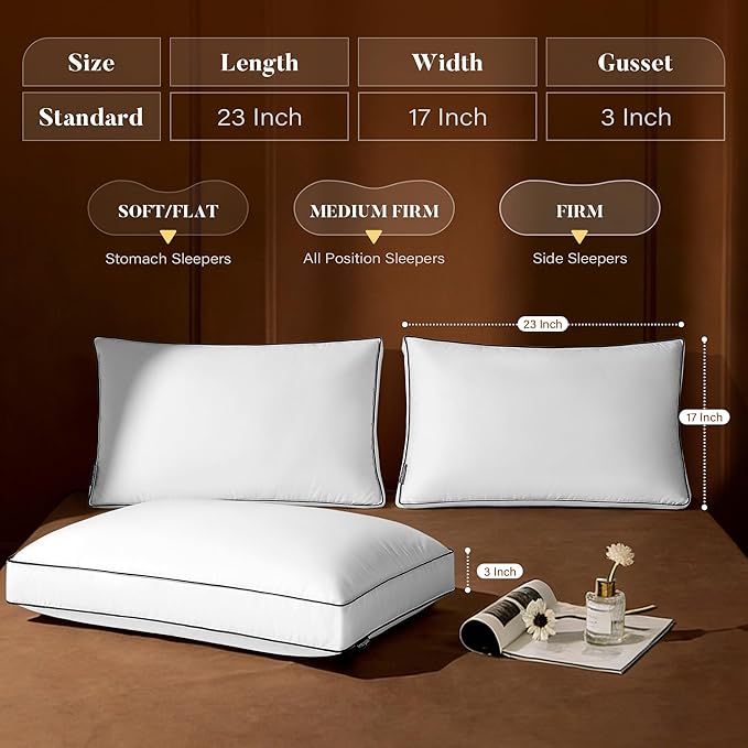 Goose Feather Down Pillows Standard Size Set of 2, Down Surrounded Hotel Collection Bed Pillow for Sleeping with Gusset, 2 Pack, Fluffy Plush for Side, Back Sleepers 20x26 in.