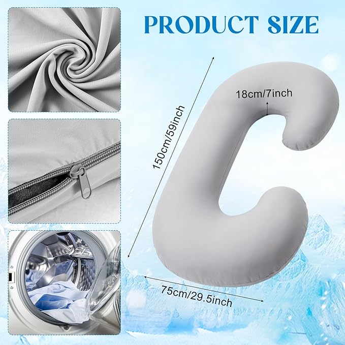 Hahafelt Cooling Pregnancy Pillow Cover (Only Pillowcase) 59 Inch Large C Shaped Full Body Pillowcase Maternity Stretchy Soft Breathable Cool Pillow Cover with Zipper for Side Sleeper (Gray)