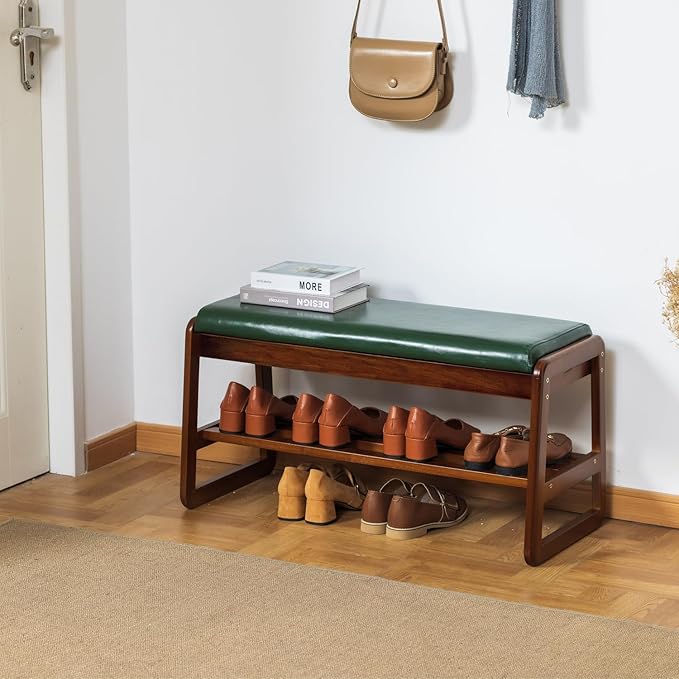 SOBIBO Shoe Bench with Storage - 2-Tier Entryway Bench, Solid Wood Shoe Rack with Cushion & Flip-Open Box, Mid-Century Modern for Hallway, Mudroom, Bedroom (Green, 31.5'')