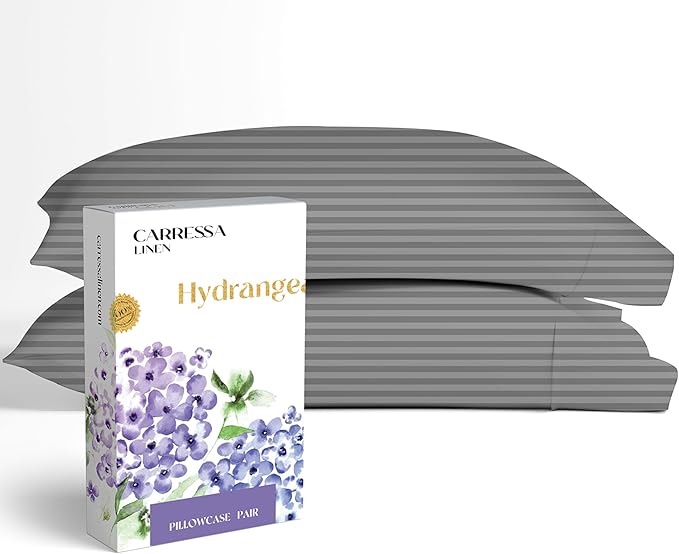 Carressa Linen 100% Egyptian Cotton King Size Pillow Cases Set of 2 - Luxury 600 Series Hydrangeas Collection Damask King Pillowcases (Dark Grey Stripe), Soft, Cooling Breathable Sateen Hotel Quality
