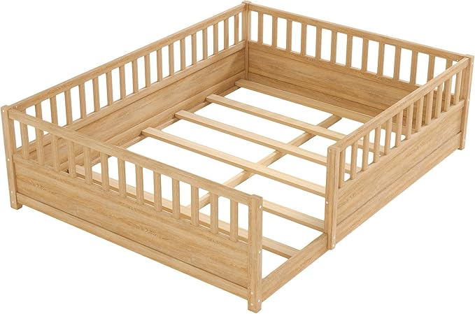 Bellemave Queen Floor Bed with high Fence, Solid Pine Wood Montessori Bed for Kids Girls Boys Floor Bed Frame, Natural with slats