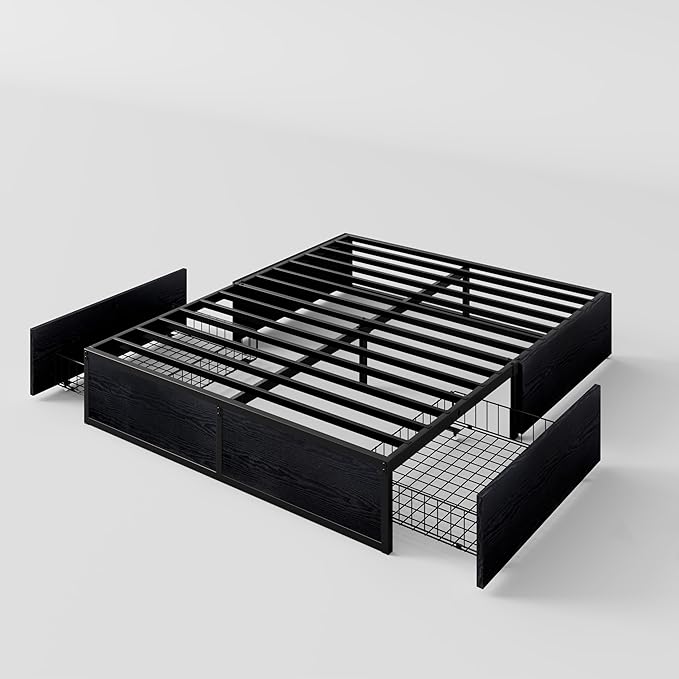 SHA CERLIN Queen Platform Bed Frame with 2 Large Storage Drawers - Heavy Duty Metal & Rustic Wood, Noise-Free, No Box Spring Needed, Black