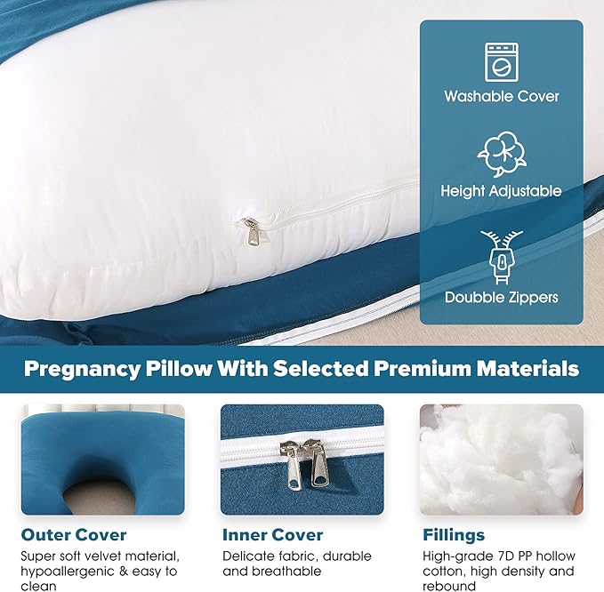 U-Shaped Full Body Pregnancy Pillow for Sleeping – 57" Maternity Pillow with Removable Cover, Support for Back, Legs, Belly & Hips (Jersey -Royal Blue)
