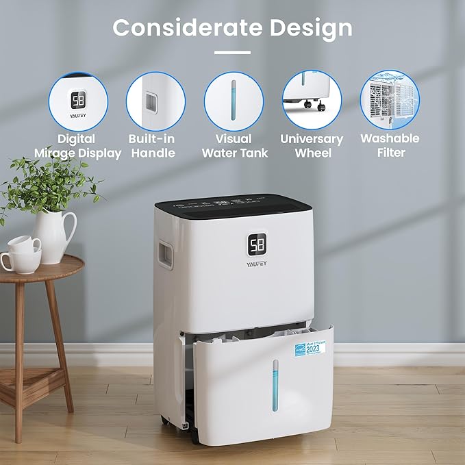 Yaufey 5000 Sq. Ft. Energy Star Certified Dehumidifier, Max 80 Pints Dehumidifier for Basement with Drain Hose, Smart Compressor with Intelligent Humidity Control, Dehumidifiers for Home Bedroom