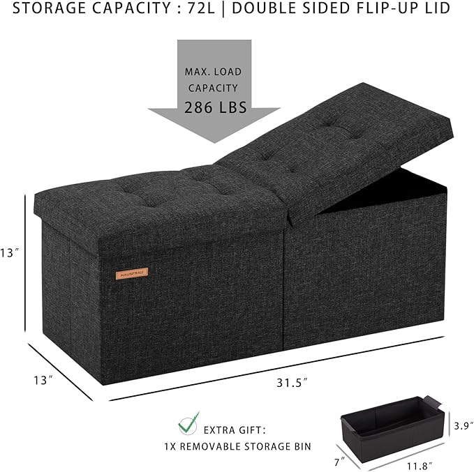 HAUSFRAU 31.5 Inches Ottoman with Storage, Folding Ottoman Bench Small Foot Rest Stool, Bedroom Bench with Flipping Lid, Faux Leather Retro Brown