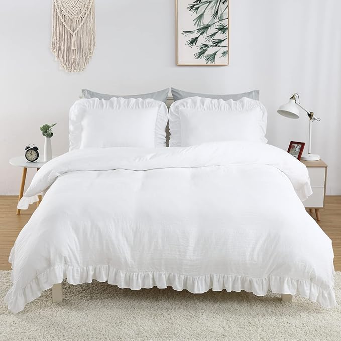CAROMIO White Ruffled Duvet Cover Twin, 2PCS Soft Washed Microfiber Vintage French Country Duvet Cover Set for Kids Girls, White, 68x90 in