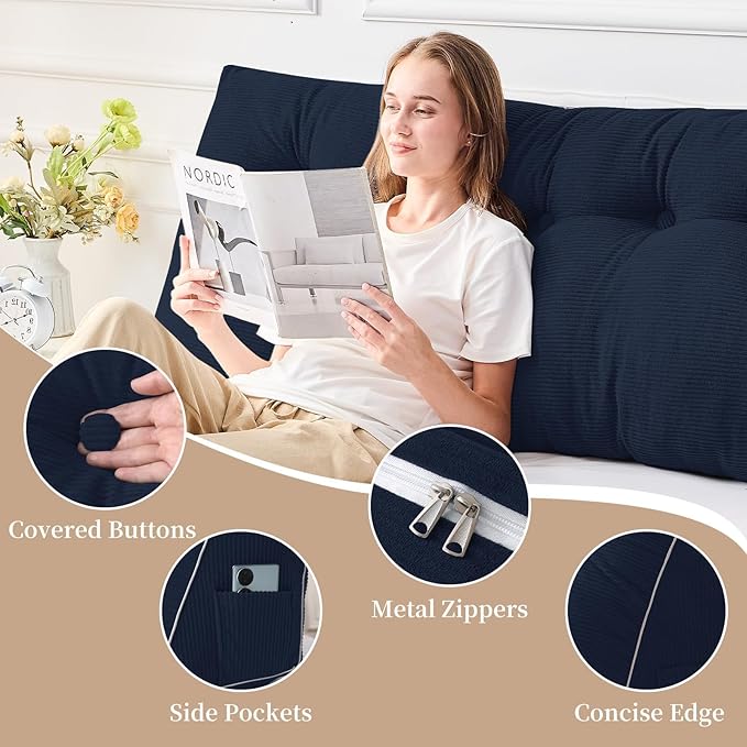 Sasttie Headboard Pillow King, Wedge Pillow Headboard for Sitting Up in Bed, Back-Rest Support Triangular Cushion for Reading - Features Removable Washable Cover, Navy