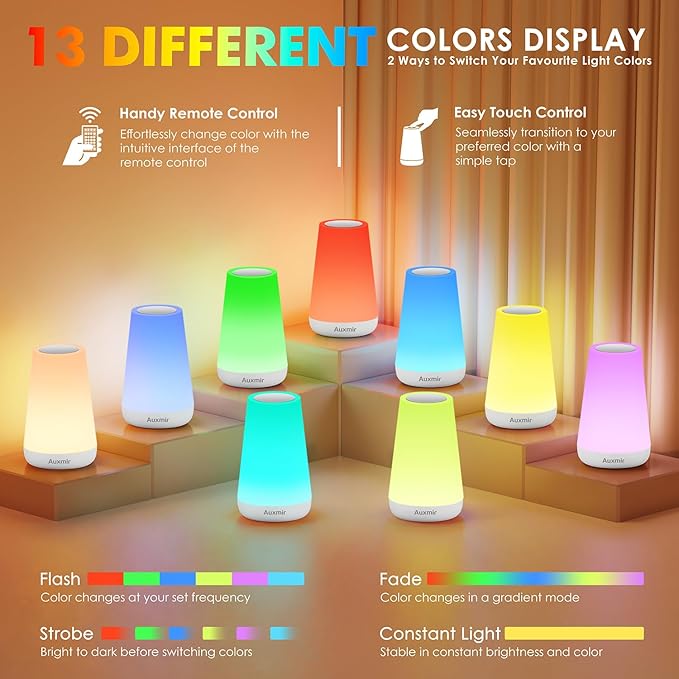 Auxmir Rechargeable LED Night Light, Touch & Remote Control Bedside Lamp with 13 Colors, 5 Brightness Levels, Portable Table Lamp for Kids Baby Nursery, Bedroom, Bathroom, Camping, White