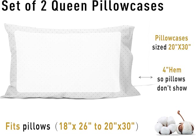 Sunflower Queen Pillowcases Set of 2, 100% Cotton Queen Size Pillow Cases 2, 20×30 inches Powder Dots, Soft and Breathable