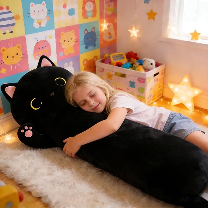 MaoGoLan Long Cat Body Pillow for Kids, 44'' Big Kitten Plush for Adults, Big Black Cat Stuffed Animal for Girl, Large Kitten Plush Throw Pillow for Mother's Day Birthday Gift, Baby Shower Party Decor