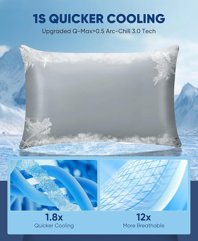 LUXEAR Cooling Pillow Cases King Size, 2 Pack Stretch Arc-Chill Q-max 0.55 Cool Pillowcases, Double-Sided Cooling Design, Protecting Hair & Skin, Gifts for Women & Men, Hot Sleeper, Night Sweat -Gray