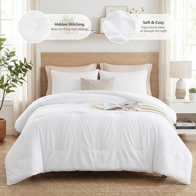CozyLux White Queen Comforter Set, 3 Pieces Solid Breathable Quilted Boho Style Bedding Sets, Luxury Fluffy Soft Bed Set with Down Alternative Comforter for All Season (1 Comforter & 2 Pillowcases)