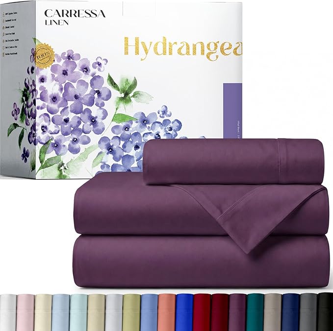 Carressa Linen 100% Egyptian Cotton Twin Sheets Set - 600 Series Hydrangeas Collection Egyptian Cotton Luxury Twin Sheets (3 PC, Plum), 16" Deep Pocket, Soft, Cooling, Sateen Weave Bedding
