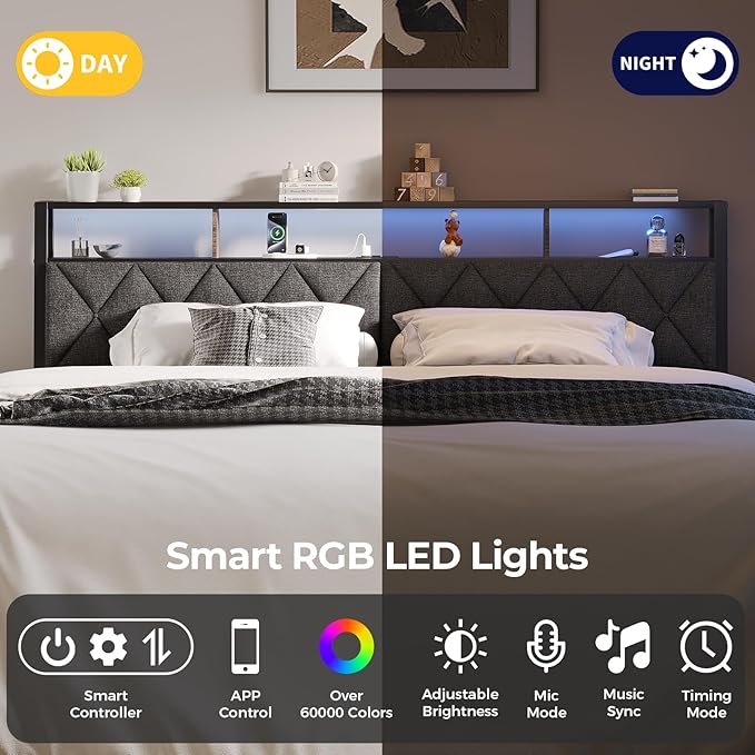 Full Headboard Only, Headboard for Full Size Bed with Storage, Upholstered Headboards with LED Lights & Charging Station, Attach Frame, Ideal for Bedroom/Dorm/Guest Room, Dark Grey & Brown